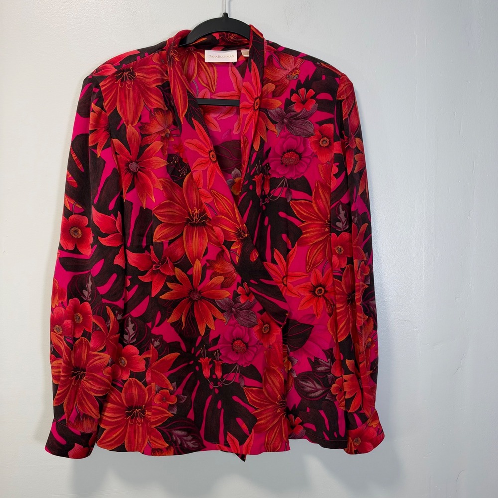 Vintage Dana Buchman Silk Floral Wrap Blouse Pink Red Size 10 Boho Secretary